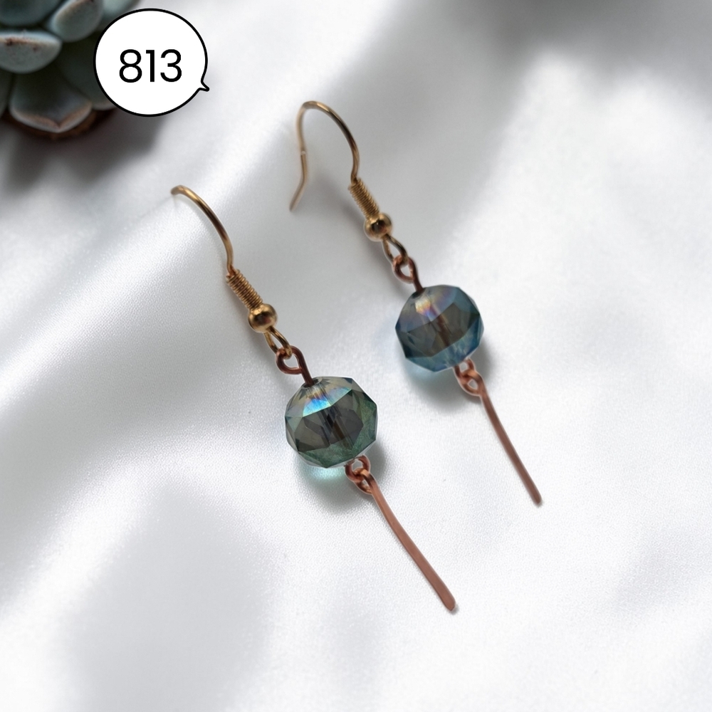 Faceted Blue Glass & Copper Stick Dangle Earrings – Handmade Minimalist Jewelry